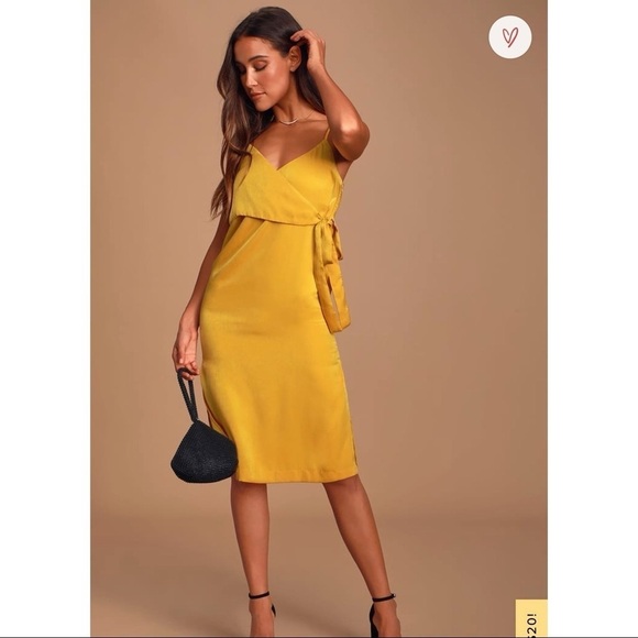 J.O.A. Dresses & Skirts - J.O.A. Yellow Mustard Satin Midi Wrap Dress​​​​